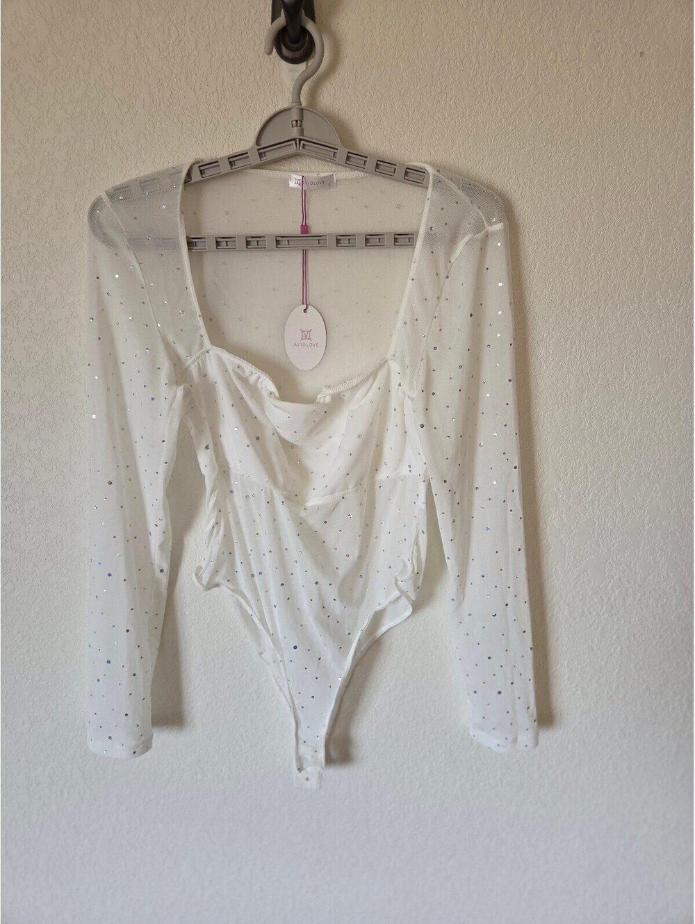 Avidlove Women's White Rhinestone Sheer Mesh Long Sleeve Bodysuit Size Large